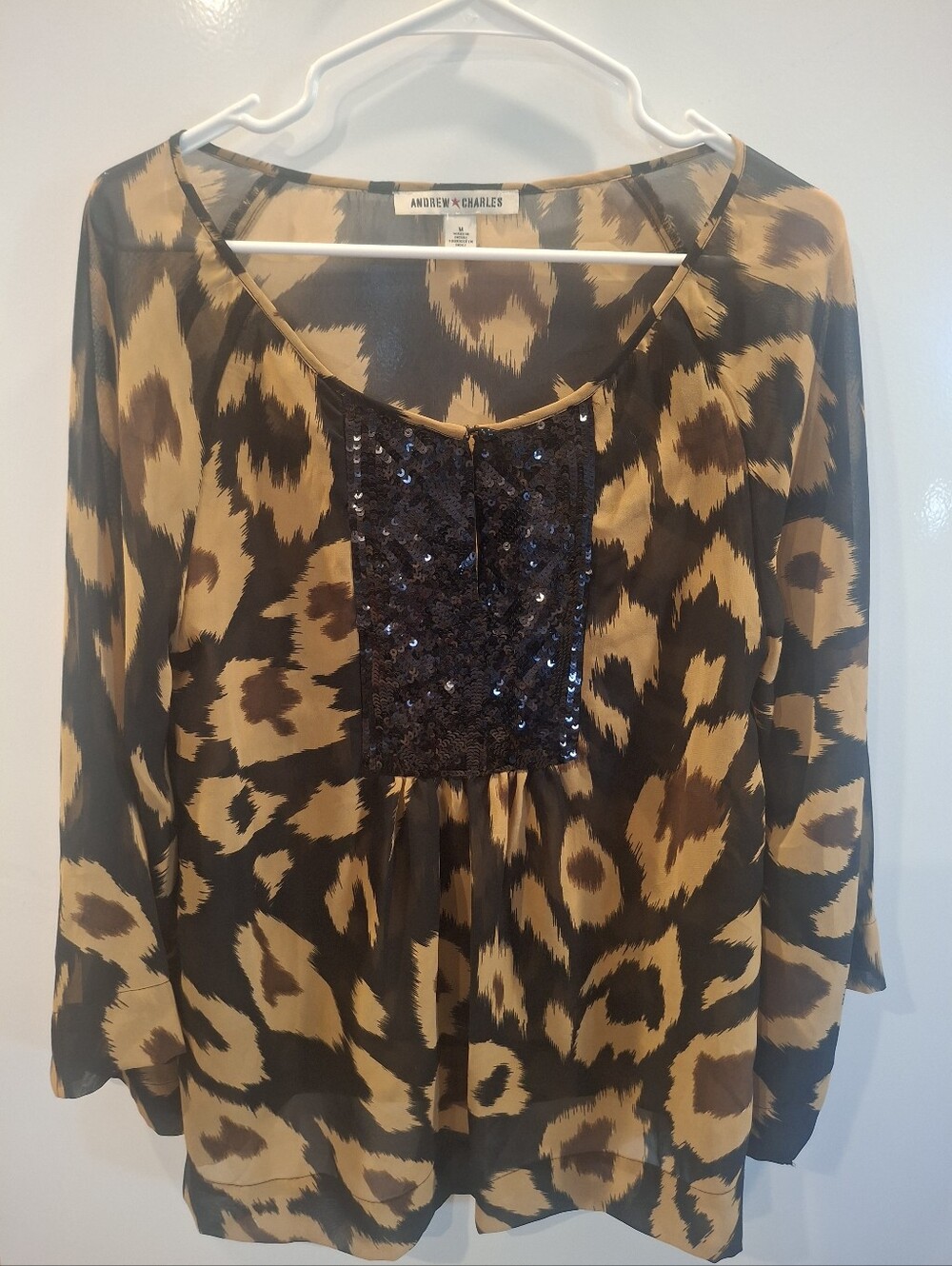 Andrew Charles Brown and Black Leopard-Print Sequin-Front Tunic